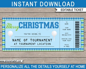 Golfing Ticket Christmas Gift - Printable Surprise Ticket to watch a Golf Championship Tournament Match - INSTANT DOWNLOAD - EDITABLE text