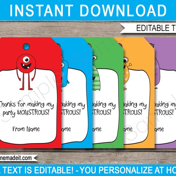 Monster Favor Tags Template - Printable Birthday Party Thank You Tags - INSTANT DOWNLOAD - EDITABLE text - you personalize