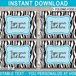 May include: Four printable food labels with a zebra print background. Each label has a blue and white frame with the text "Type your food here".