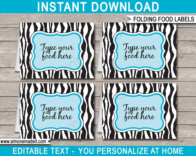 May include: Four printable food labels with a zebra print background. Each label has a blue and white frame with the text "Type your food here".