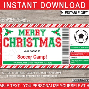 Weihnachten Fußball Camp Geschenkgutschein Ticket Vorlage zum Ausdrucken - Überraschung Trainingslager oder Fertigkeitszentrum - SOFORTIGER DOWNLOAD - EDITIERBARER Text