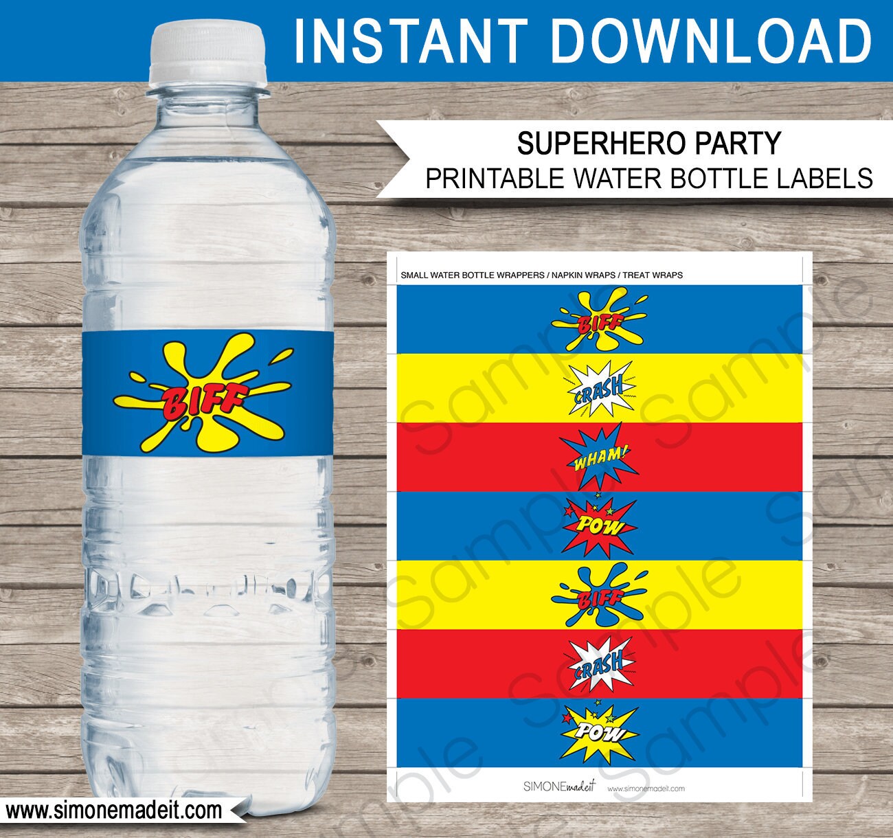 superhero-water-bottle-labels-template-printable-birthday-party-decorations-wrappers-super-hero-theme-comic-strip-instant-download-etsy