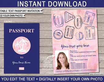 Tropical Passport Invite Printable Destination Invitation - Palm Trees, Beach, Resort, Luau Theme Birthday Party - EDITABLE text download