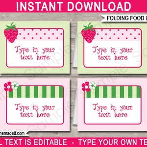 Strawberry Shortcake Food Labels Printable Birthday Party Decorations Buffet Tags INSTANT DOWNLOAD with EDITABLE text image 1