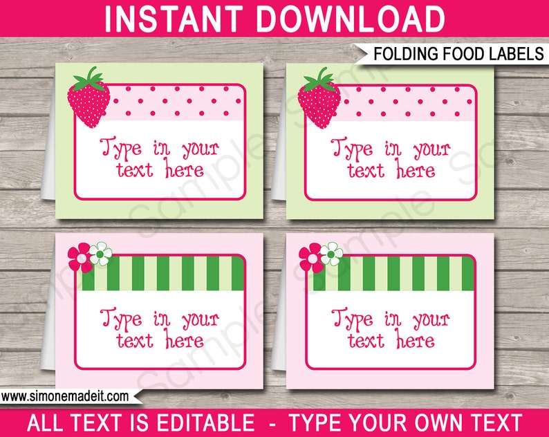 Strawberry Shortcake Food Labels Printable Birthday Party Decorations Buffet Tags INSTANT DOWNLOAD with EDITABLE text image 1