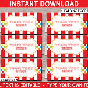 Carnival Food Label Templates - Printable Birthday Party Decorations - Place Cards - Circus Theme - INSTANT DOWNLOAD - EDITABLE Text