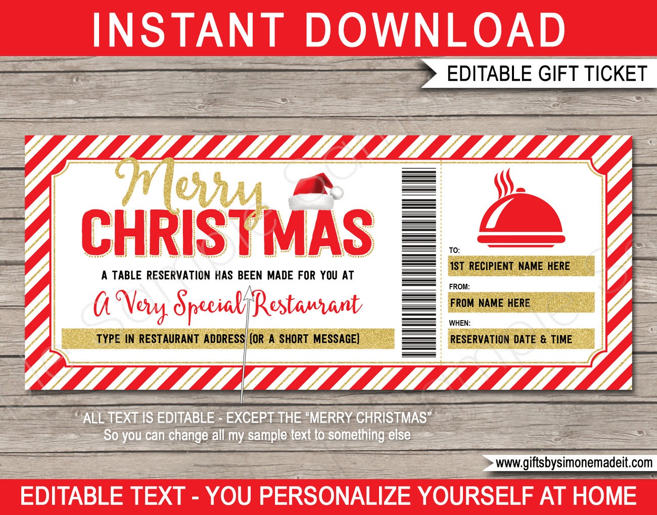 Christmas Dinner Voucher Template: Editable Restaurant Gift Ticket (Digital Download)