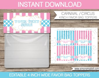 Circus Bag Toppers Template - Carnival or Circus Favor Bag Toppers - 4 inches wide - INSTANT DOWNLOAD with EDITABLE text - you personalize