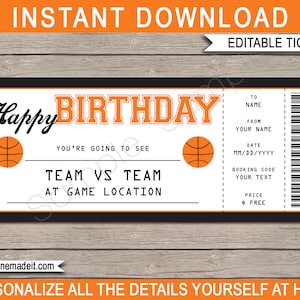 Basketbalspel Ticket Verjaardagscadeau - Verrassingsticket voor het basketbal - Afdrukbare cadeaubon Couponsjabloon - BEWERKBARE TEKST DOWNLOAD