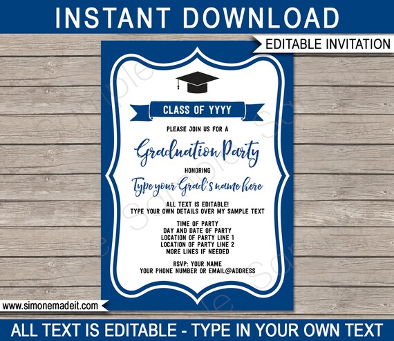 Navy Blue Graduation Party Invitations - Printable Template - Any Year - Grad Invite - INSTANT DOWNLOAD - EDITABLE text - you personalize Il_570xn