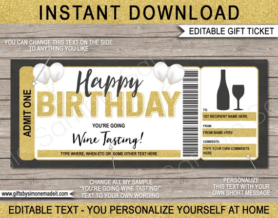 Wine Tasting Ticket Template Gift Certificate Voucher Card Printable - Birthday Gift - Winery Vineyard - DIY Coupon - EDITABLE Text DOWNLOAD Il_570xn