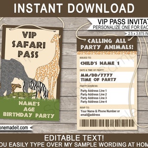 Printable Safari Party VIP Pass Invitation Template - Zoo Animal Safari Theme Birthday Invite - Personalized Custom - EDITABLE Text DOWNLOAD