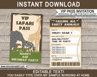 Printable Safari Party VIP Pass Invitation Template - Zoo Animal Safari Theme Birthday Invite - Personalized Custom - EDITABLE Text DOWNLOAD