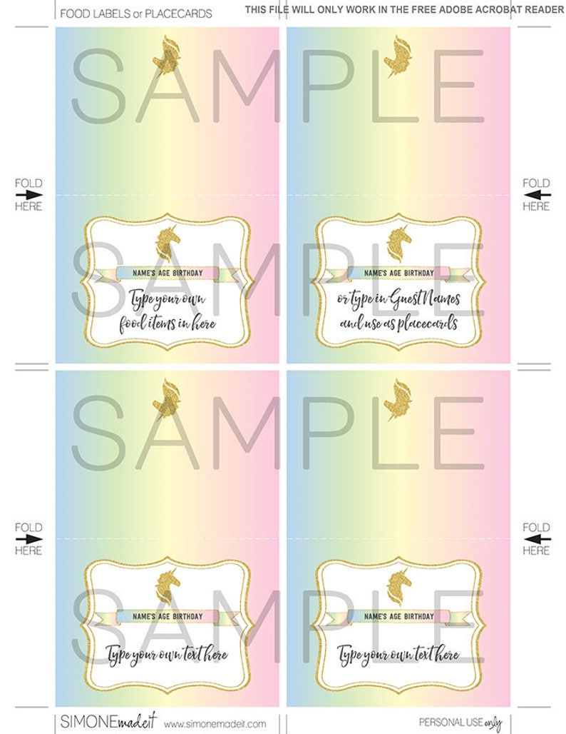 Unicorn Food Labels Unicorn Theme Party Decorations Place - Etsy