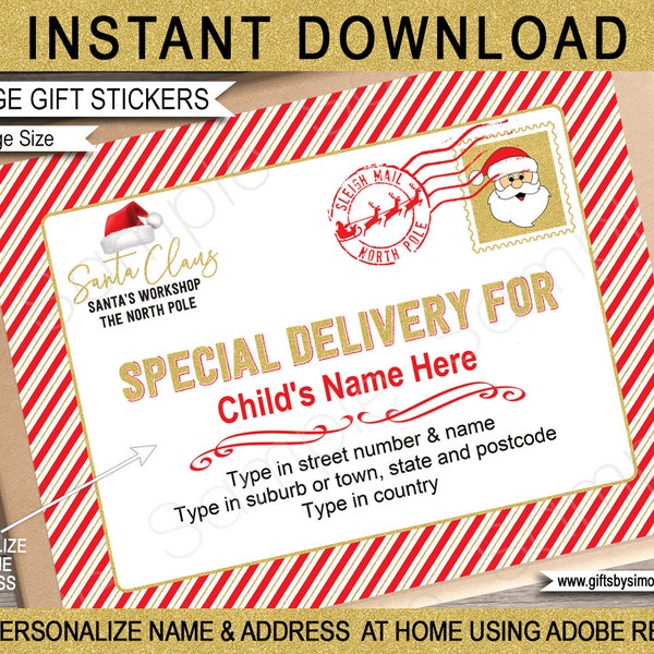Santa Address Labels Printable Template - Extra Large Christmas Shipping Mail Notice - North Pole Special Delivery - EDITABLE Name & Address