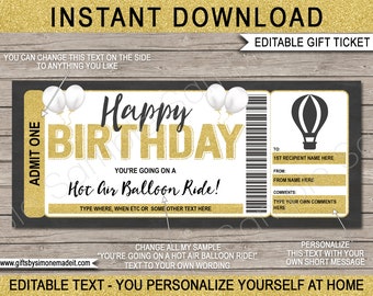 Sjabloon verjaardagskaart heteluchtballon: bewerkbare cadeaubon (digitale download)