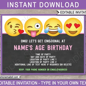 Emoji Party Template Bundle Invitation Printable Birthday Theme Decoration Package Pack Kit Set Collection Girls Emojional DOWNLOAD image 3