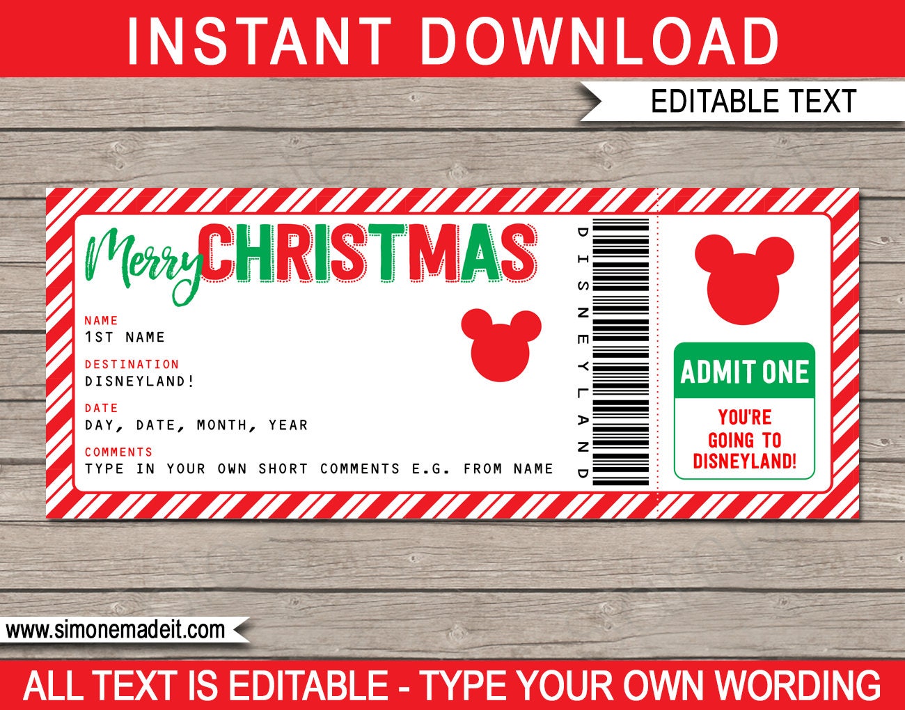 Christmas Disneyland Trip - Printable Disney Ticket - Surprise Trip t…