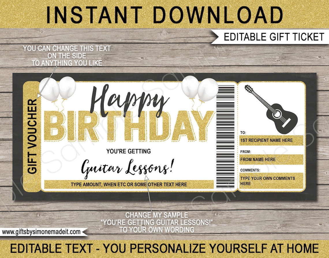 Guitar Lessons Gift Voucher Template Certificate Ticket Etsy UK
