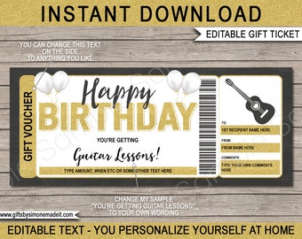 Guitar Lessons Gift Voucher Template Certificate Ticket - Printable Birthday Gift Experience - Learn to Play Coupon - EDITABLE text DOWNLOAD