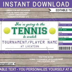 Druckbare Tennis Geschenkkarte Vorlage für jeden Anlass - Überraschungs-Tennis-Match-Turnier enthüllen - Gutschein-Zertifikat - EDITIERBARER Text