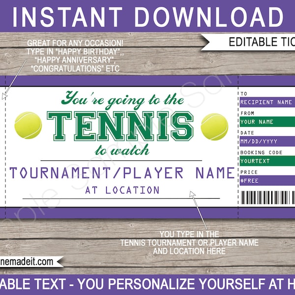 Printable Tennis Gift Ticket Template for Any Occasion - Surprise Tennis Match Tournament Reveal - Voucher Certificate - EDITABLE text