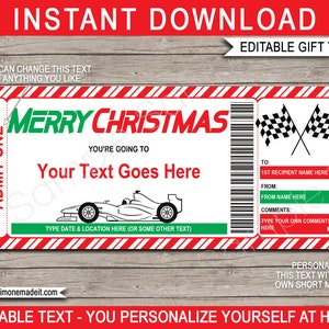 カーレースチケットのクリスマスギフトの印刷可能なテンプレート - ゴーカート - サプライズカーの運転レース体験 - 即時ダウンロード編集可能なテキスト