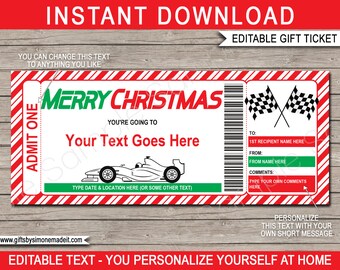 Op de afbeelding: Bewerkbare kerstcadeaukaart met een rood-witte candy cane streepontwerp. De kaart heeft een zwart-witte illustratie van een raceauto en de tekst "Merry Christmas". De kaart is aanpasbaar met tekstvelden voor de naam van de ontvanger, de naam van de gever en een bericht.