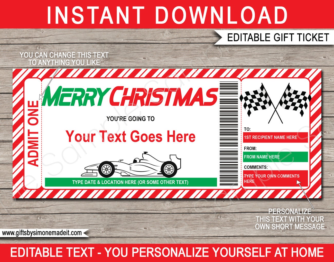 Car Race Tickets Christmas Gift Printable Template Go Karts Etsy