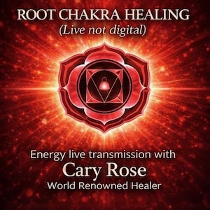 Op de afbeelding: Rode afbeelding met de tekst "ROOT CHAKRA HEALING" en "(Live not digital)". De afbeelding toont een rood lotusbloem-ontwerp met geometrische vormen. Daaronder staat "Energy live transmission with Cary Rose World Renowned Healer".