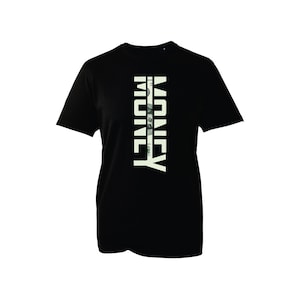 May include: Black t-shirt with the word "MONEY" printed vertically in white. The word is made up of a collage of images of money. The shirt has short sleeves and a crew neck.