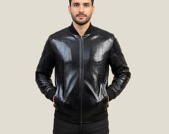 Men's Black Crocodile-Texture Bomber Jacket | Glossy Faux Leather