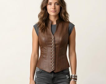 Läderväst Vintage Stand Collar för kvinnor | Miljövänlig specialdesignad bikerväst i kohud
