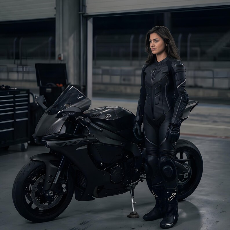 May include: A black Yamaha R1 motorcycle with a rider in a black leather racing suit. The motorcycle has a sleek design with a dark windshield and black wheels. The rider is wearing gloves and boots.