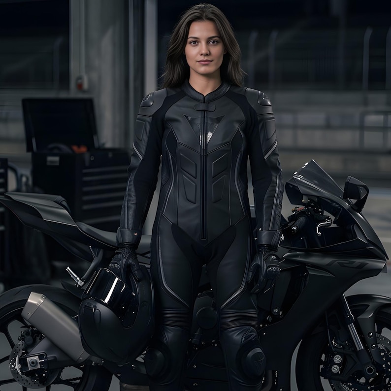 May include: A black motorcycle and a matching black leather motorcycle suit. The suit has a front zipper and protective padding on the shoulders and knees. A black helmet is held in the left hand. The motorcycle is black.