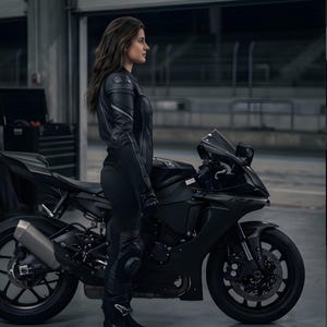 May include: A black motorcycle with a sleek design, parked in a garage. The motorcycle has a black frame, wheels, and exhaust. A person wearing a black leather motorcycle suit and gloves stands next to the bike.