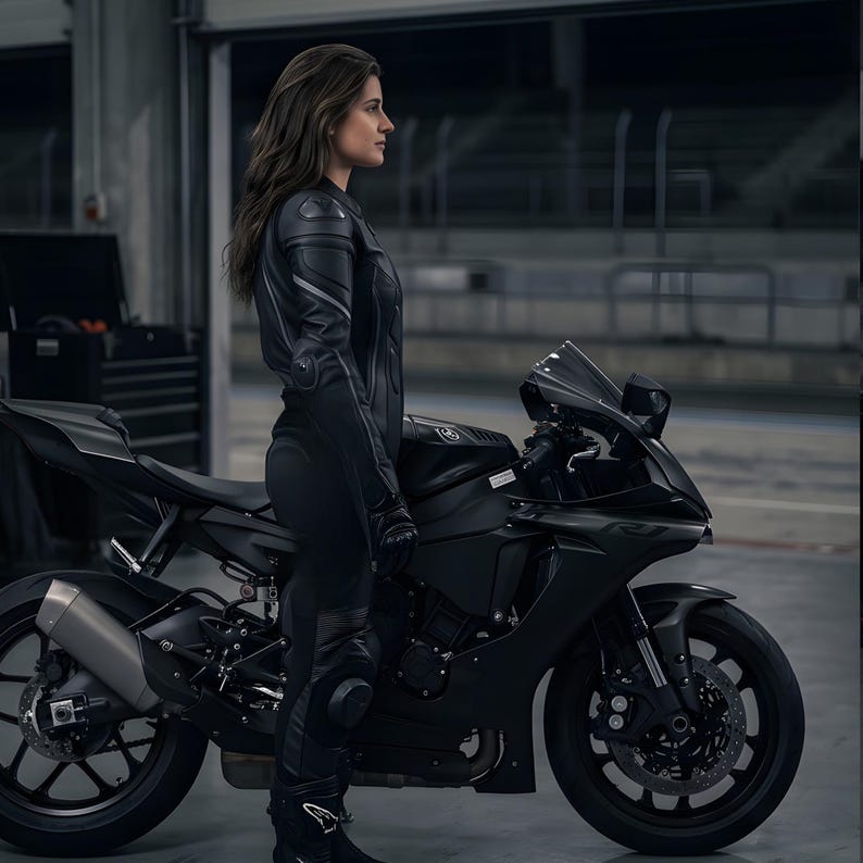 May include: A black motorcycle with a sleek design, parked in a garage. The motorcycle has a black frame, wheels, and exhaust. A person wearing a black leather motorcycle suit and gloves stands next to the bike.