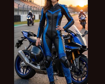 Women's Black Blue Slim Fit Racing Suit – Faux Leather Biker Bodysuit (Customizable)