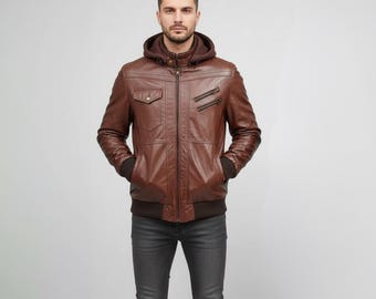 Men’s Brown Hooded Leather Jacket – Genuine Leather Zip-Up Biker Style Winter Jacket