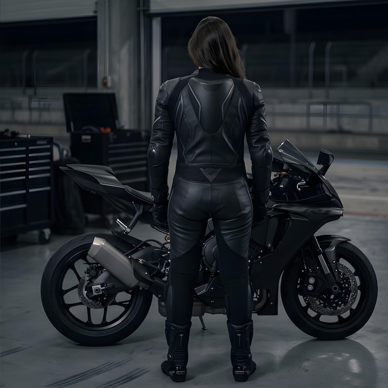 May include: A black motorcycle and matching leather motorcycle suit. The motorcycle has a sleek design with black wheels and a silver exhaust pipe. The suit has protective padding on the shoulders and elbows.
