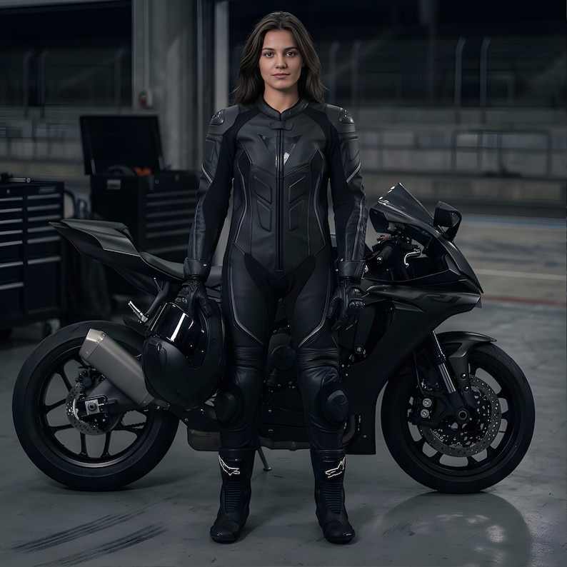 May include: A black motorcycle and a matching black leather motorcycle suit. The suit has reinforced padding on the shoulders, elbows, and knees. The person is holding a black helmet and gloves. The motorcycle has a sleek design with black wheels and a silver exhaust.