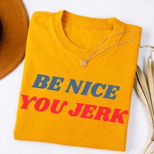 Camiseta "Be Nice You Jerk", unisex, retro, con gráficos en rojo y azul, estilo vintage de los años 70, humor sarcástico y divertido.