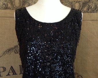 Vintage black beaded top, 1960's, fringed top, sequin shirt