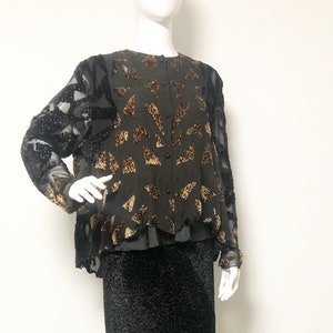 Vintage Marian Clayden three piece set, burnout velvet, silk, high low hemline, sheer, mix and match, tank top, long skirt, jacket