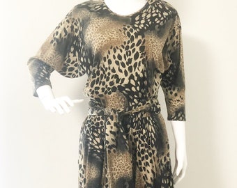 Vestido estilo jersey Obenna con estampado animal vintage, vestido con estampado de leopardo, vestido de algodón, vestido con cintura elástica, vestido con bolsillos