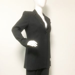Vintage pinstripe pantsuit, long line jacket with pleated pants, beaded jacket, boss babe suit, power suit