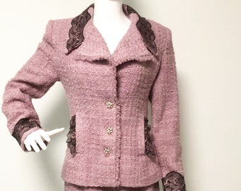 Vintage boucle lavender suit, two piece suit, lace trimmed suit, power suit, boss babe suit, made in France