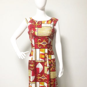Vintage Hawaiian maxi dress, 70&#39;s dress, tribal print, watteau pleat, Hawaiian Modes, cotton maxi