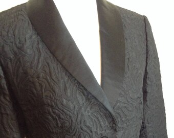 Vintage black suit, two piece suit, satin trim,  blazer,pencil skirt, quilted black suit