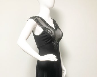 Vintage Vanity Fair black nightgown, illusion fabric, sexy black nightgown, nylon nightie, black lingerie